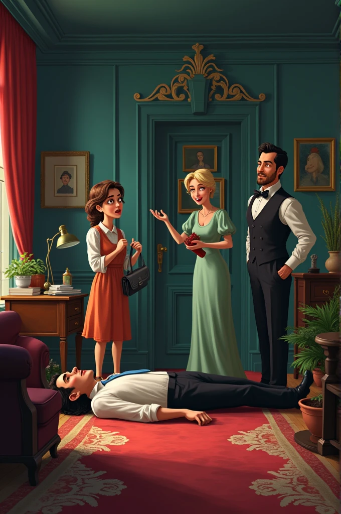 gardener a cleaning lady with a small bottle of medicine in her bag a very elegant butler an elegant woman and a dead man with his eyes closed lying on the floor of the living room in his mansion everyone fighting and looking scared and everyone next to the body images of cartoon characters