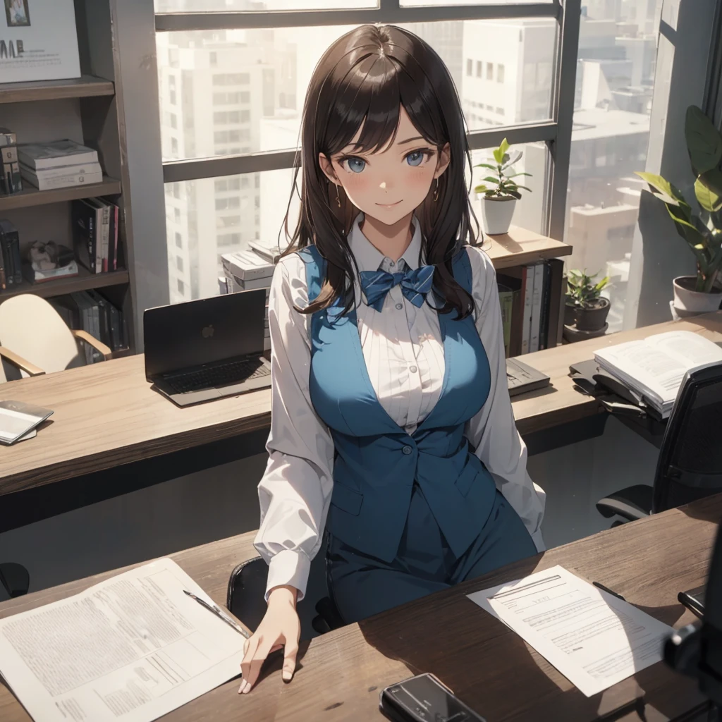 1lady solo, sitting, (from above), office worker, ((blue vest) over white dress shirt), mature female, /(dark brown hair/), kind smile, (masterpiece best quality:1.2) delicate illustration ultra-detailed, large breasts,bowtie BREAK (modern office) indoors, (reception desk), entrance, detailed background