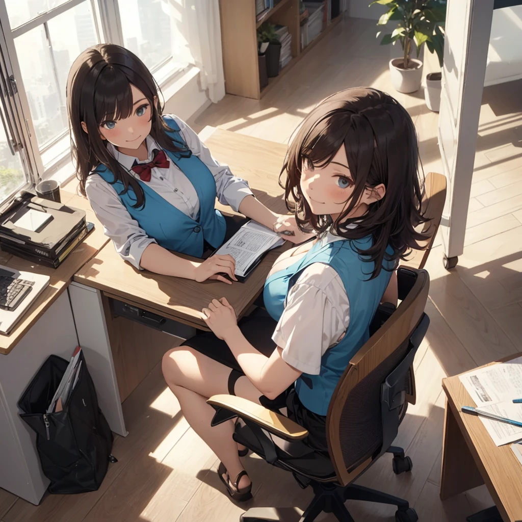 1lady solo, sitting, (from above), office worker, ((blue vest) over white dress shirt), mature female, /(dark brown hair/), kind smile, (masterpiece best quality:1.2) delicate illustration ultra-detailed, large breasts,bowtie BREAK (modern office) indoors, (reception desk), entrance, detailed background