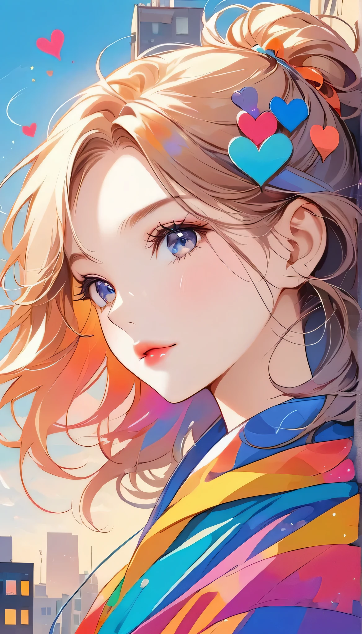 Micho colorful style, Simple Line Initialism，Abstract art，Urban Background, (((The most beautiful girl of all time))), Sweet face. Lips in love, colorful hearts, stylish design