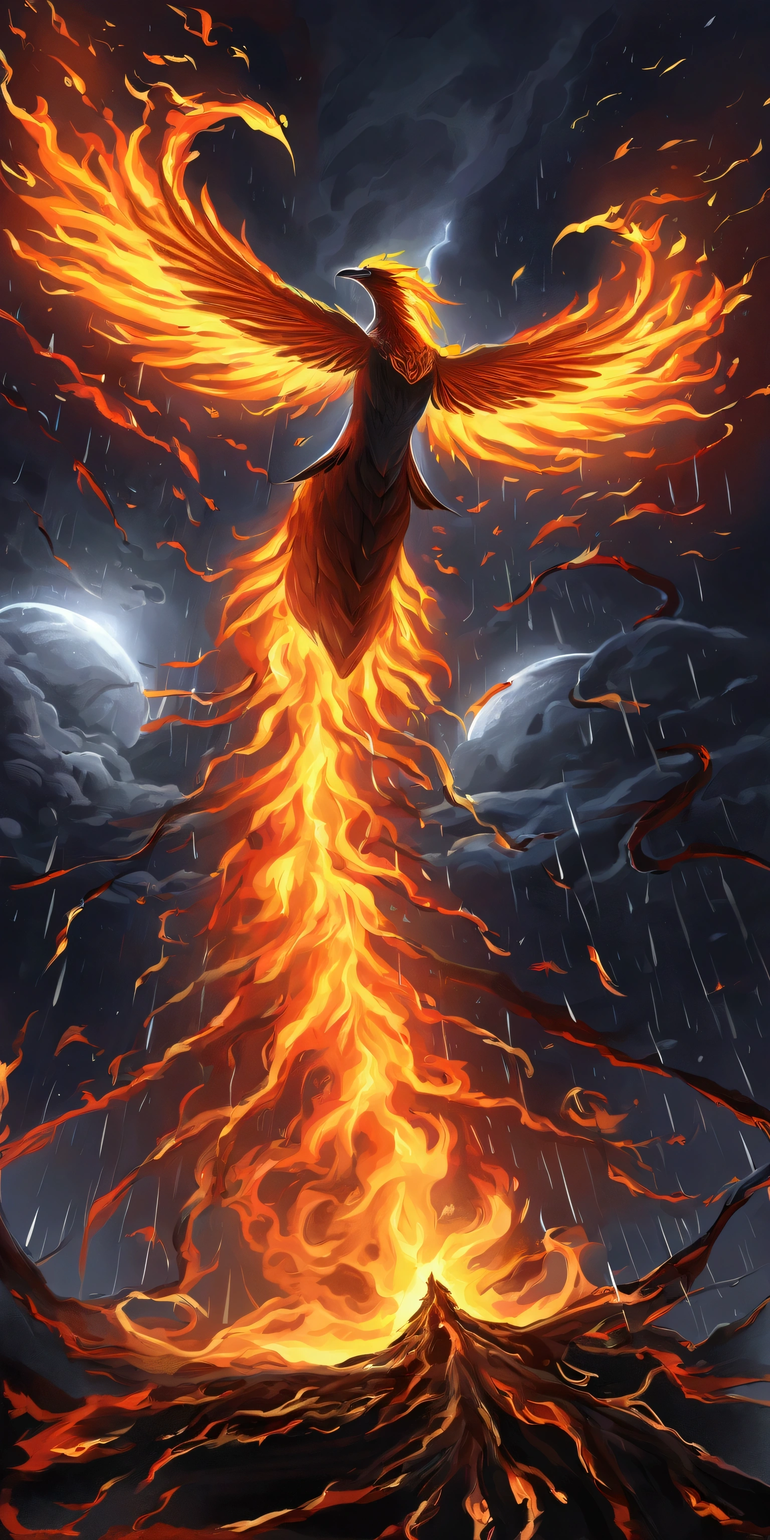The mythology bird Phoenix also known as the Fenghuang is a divine figure bird with a body made of beautiful flames, the whole area is in great flames and raining fire, burning everything down and starting all over again, the ruler of reincarnation and eternity, behind it a pitch-black space will be left and everything will burn up, a dazzling light will remain and a new life will begin,dynamic angle,from below