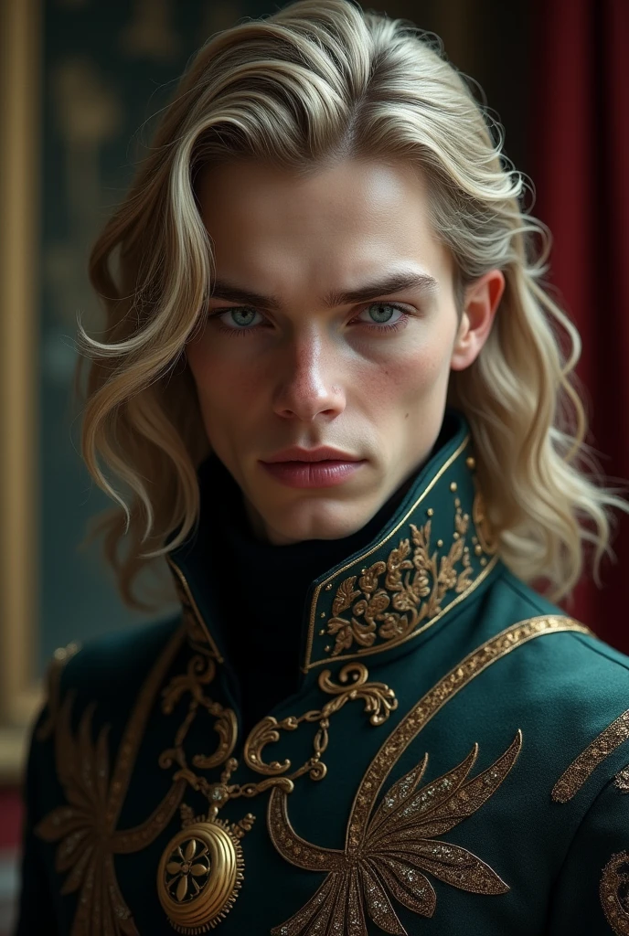 a handsome man,1 boy, Blonde hair, Blue eyes, 20 years old,,Shaded face、Scary smile, con un traje de Principe