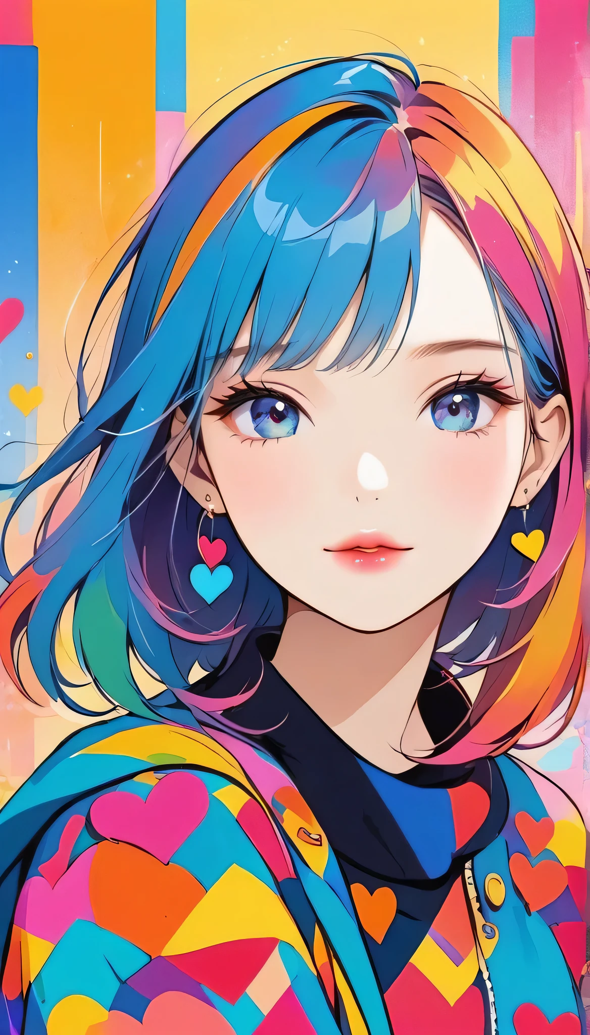 Micho colorful style, Simple Line Initialism,Abstract art,Urban Background, (((The most beautiful girl of all time))), Sweet face. Lips in love, colorful hearts, stylish design