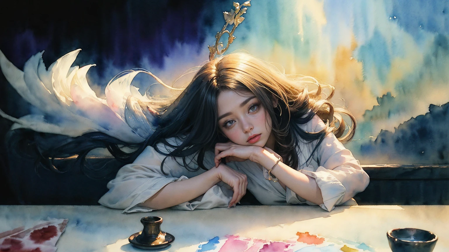 (Tabletop, Highest qualityの, Highest quality, Official Art, (beautifully、aesthetic:1.4), (Watercolor:1.4) ), (Izanami 1.5), 日本のgod話の女god, Majestic beauty, 創造の女god、生命の女god、Typically、((((Typically))))、Reincarnation Support, god&#39;Grace, Gentle and meditative expressions, Flowing, celestial garments, Shine、Created all the landscapes and worlds on Earth, A dazzling dance of light, Whispers of Ancient Legends，Hands below chest level，The hair is a little shorter
