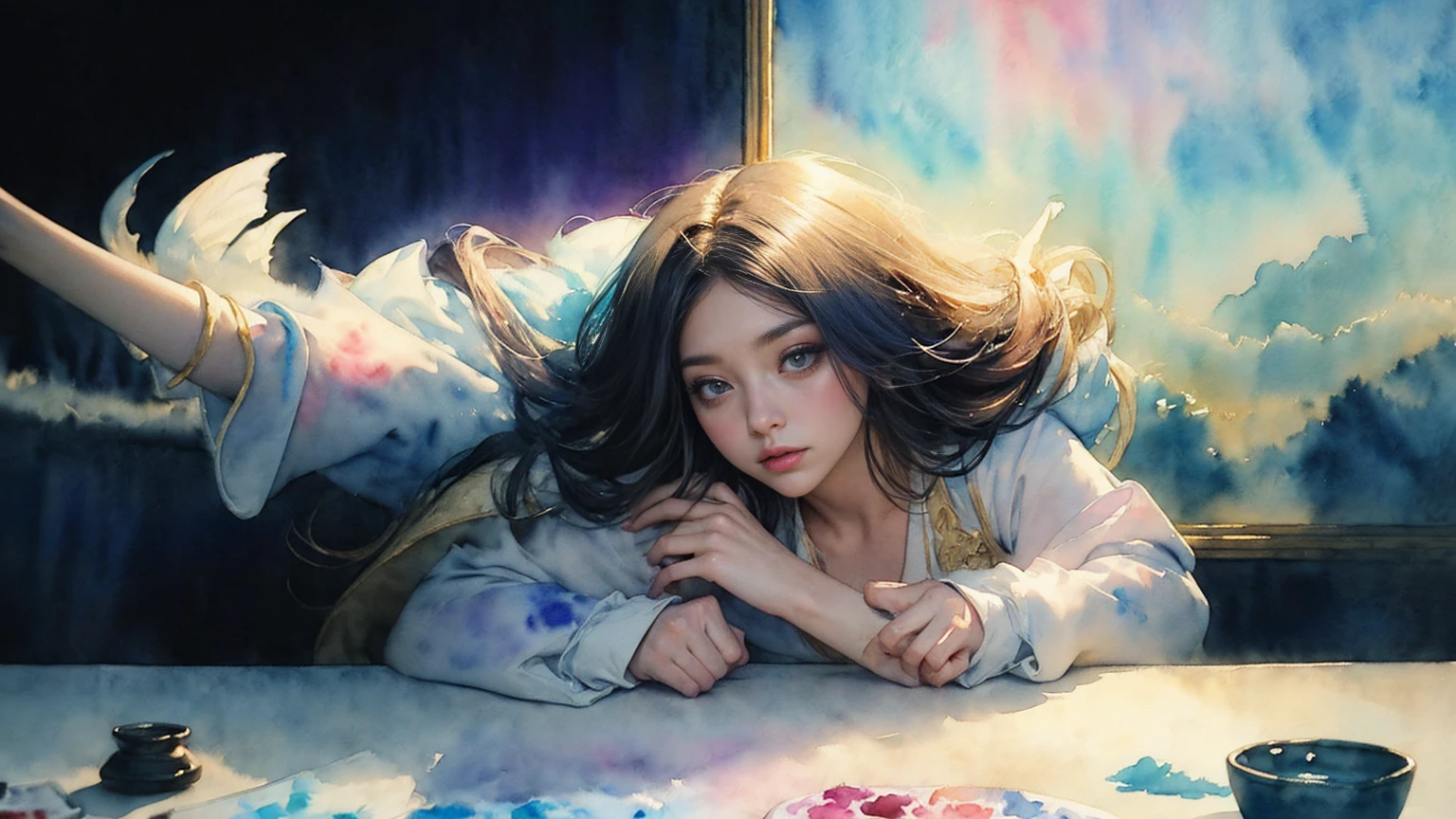 (Tabletop, Highest qualityの, Highest quality, Official Art, (beautifully、aesthetic:1.4), (Watercolor:1.4) ), (Izanami 1.5), 日本のgod話の女god, Majestic beauty, 創造の女god、生命の女god、Typically、((((Typically))))、Reincarnation Support, god'Grace, Gentle and meditative expressions, Flowing, celestial garments, Shine、Created all the landscapes and worlds on Earth, A dazzling dance of light, Whispers of Ancient Legends,Hands below chest level,The hair is a little shorter