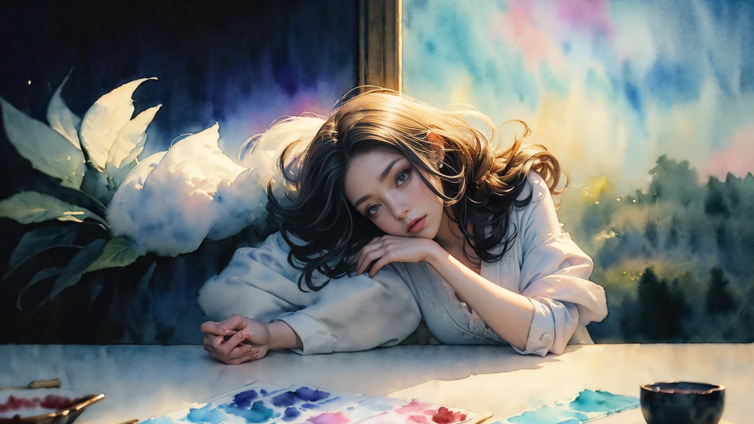 (Tabletop, Highest qualityの, Highest quality, Official Art, (beautifully、aesthetic:1.4), (Watercolor:1.4) ), (Izanami 1.5), 日本のgod話の女god, Majestic beauty, 創造の女god、生命の女god、Typically、((((Typically))))、Reincarnation Support, god&#39;Grace, Gentle and meditative expressions, Flowing, celestial garments, Shine、Created all the landscapes and worlds on Earth, A dazzling dance of light, Whispers of Ancient Legends，Hands below chest level，The hair is a little shorter