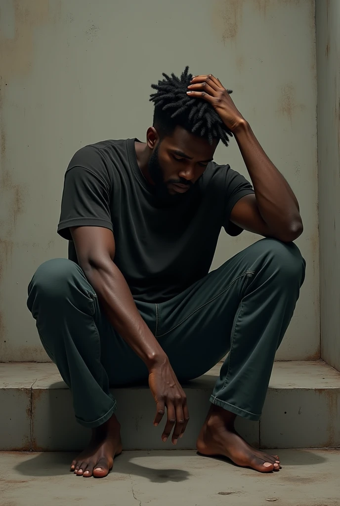 Black man sitting lonely and touching his head