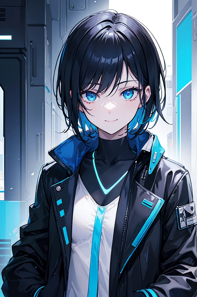 Face_through_torso, 1 man, Short black hair, Charismatic blue eyes, Smiling expression, Black shirt, Cyberpunk-style white trench coat, blue neon lines, Put your left hand in your trench coat pocket, Holding a transparent beverage can with a blue drink with your right hand