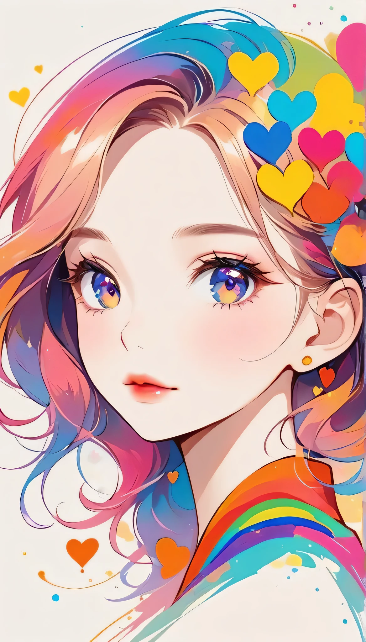 Micho colorful style, Simple Line Initialism,Abstract art,Urban Background, (((The most beautiful girl of all time))), Sweet face. Lips in love, colorful hearts, stylish design