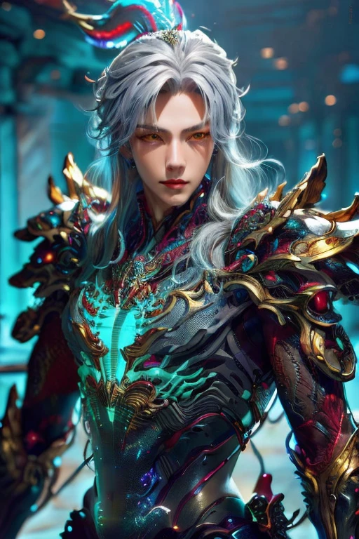(Best Quality, 8K, Masterpiece, HDR, Soft Lighting, Picture Perfect, Realistic, Vivid), Male Humanoid Dragon (1.0),9 halo divine  ring at back,circle shape ring at back super detailed,1 Guy, (((male))),light red lips, Perfect Face, Super Detailed Photo of a Magnificent Humanoid Dragon man with long silver hair,golden amber eyes,eyes detailed,super ultra detailed eyes,reality eyes look((no noice)),Beautiful anime fantasy, background blur, anime fantasy, Gouves style work, realistic: 1.37, long silver hair, full lips, (((Curvy guy))), (Ultra high quality fantasy art) , Masterpiece , male model, ultra high quality male character designs, detailed 8k anime art, realistic anime art, highest quality wallpapers, intricate ultra high quality accurate male characters faces, high quality design and accurate physics (fantasy - ultra high quality) art) , dark  fantasy style), masterpieces, super high-quality characters, anime resolution - 8K, realistic anime art, wallpapers with the highest quality illustrations, ultra-high detail of faces, high-quality design and accurate physics), color, depth of field, shadows, ray tracing, high quality execution. -high quality and 8K resolution, (Accurate simulation of the  of light and materials)], [High-quality hair detail [Read more about beautiful and shiny white hair]], (Beautifully detailed hands [perfect fingers [Perfect nails]]], (perfect anatomy ( perfect proportions)))) [[Full height]], [Perfect combination of colors (Accurate imitation of the interactionnd material)], [art that conveys the meaning of the story](modified)