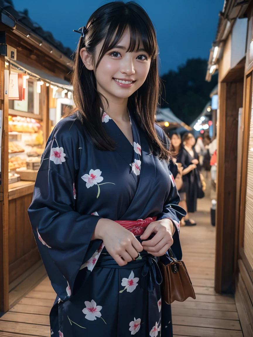 (8k, RAW Photos,Highest quality, High resolution:1.1), (Ultra-realistic:1.4),(Realistic, Realistic:1.3),The Beauty of Japan、1 person、((smile:1.2))，yukata，Touching your hair，hairpin，Drawstring bag，night，Outdoor，Summer festival，Open-air business，Opening a store，firework