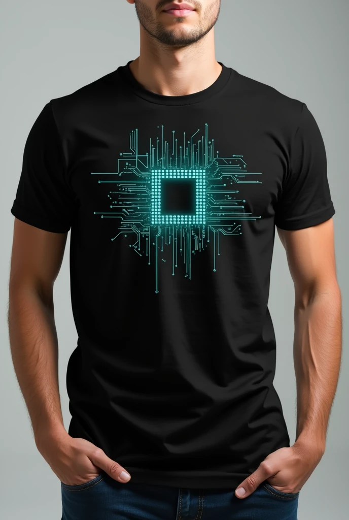 Black and turquoise t-shirt with small processor designs on the front