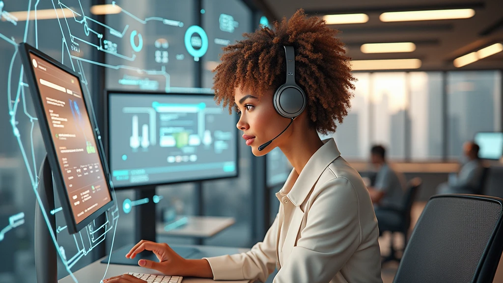 Create an image of a young woman resembling Andy Allo, working as a customer service representative in a futuristic setting. She has medium-length, curly hair with a golden brown hue and a warm skin tone. She is wearing a casual yet professional outfit, like a fitted jacket over a simple blouse. The setting around her is a high-tech office space with holographic screens and digital interfaces floating around her. She is seated at a sleek desk with a headset on, and her expression is focused yet approachable, capturing the charm and elegance similar to Andy Allo. The background features large windows showing a cityscape with tall buildings and a bright, clear sky.