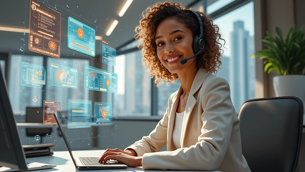 Create an image of a young woman resembling Andy Allo, working as a customer service representative in a futuristic setting. She has medium-length, curly hair with a golden brown hue and a warm skin tone. She is wearing a casual yet professional outfit, like a fitted jacket over a simple blouse. The setting around her is a high-tech office space with holographic screens and digital interfaces floating around her. She is seated at a sleek desk with a headset on, and her expression is focused yet approachable, capturing the charm and elegance similar to Andy Allo. The background features large windows showing a cityscape with tall buildings and a bright, clear sky.