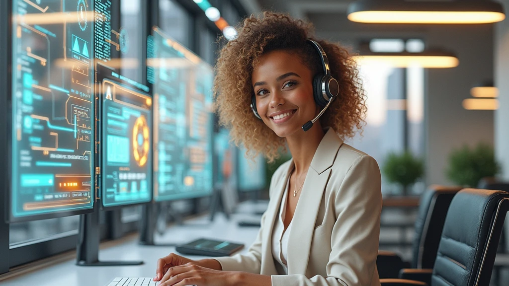 Create an image of a young woman resembling Andy Allo, working as a customer service representative in a futuristic setting. She has medium-length, curly hair with a golden brown hue and a warm skin tone. She is wearing a casual yet professional outfit, like a fitted jacket over a simple blouse. The setting around her is a high-tech office space with holographic screens and digital interfaces floating around her. She is seated at a sleek desk with a headset on, and her expression is focused yet approachable, capturing the charm and elegance similar to Andy Allo. The background features large windows showing a cityscape with tall buildings and a bright, clear sky.