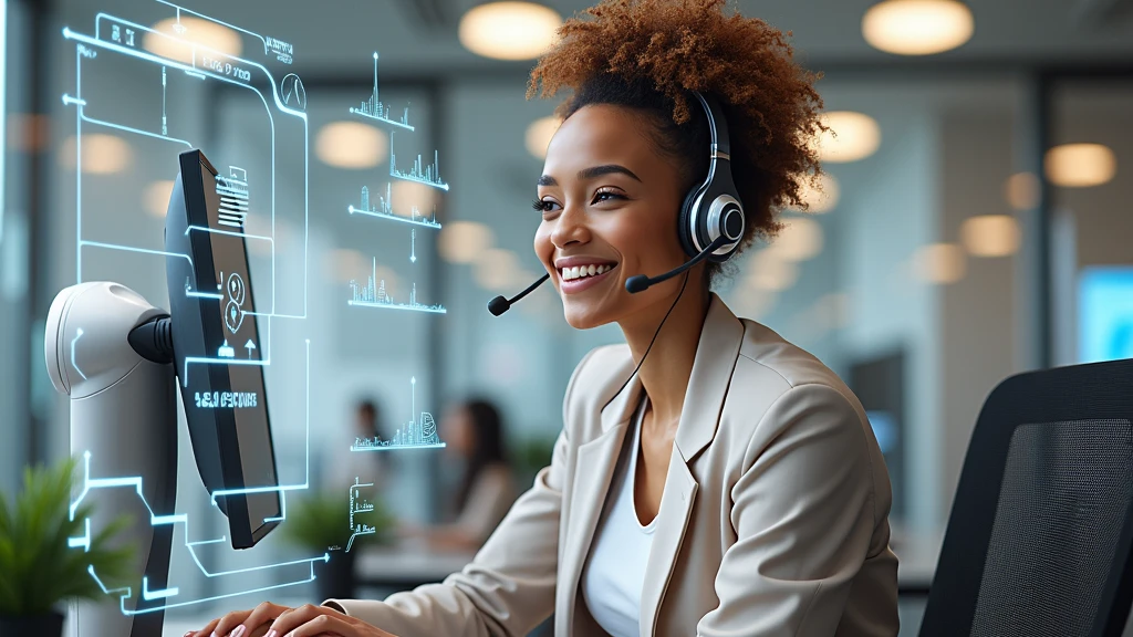 Create an image of a young woman resembling Andy Allo, working as a customer service representative in a futuristic setting. She has medium-length, curly hair with a golden brown hue and a warm skin tone. She is wearing a casual yet professional outfit, like a fitted jacket over a simple blouse. The setting around her is a high-tech office space with holographic screens and digital interfaces floating around her. She is seated at a sleek desk with a headset on, and her expression is focused yet approachable, capturing the charm and elegance similar to Andy Allo. The background features large windows showing a cityscape with tall buildings and a bright, clear sky.