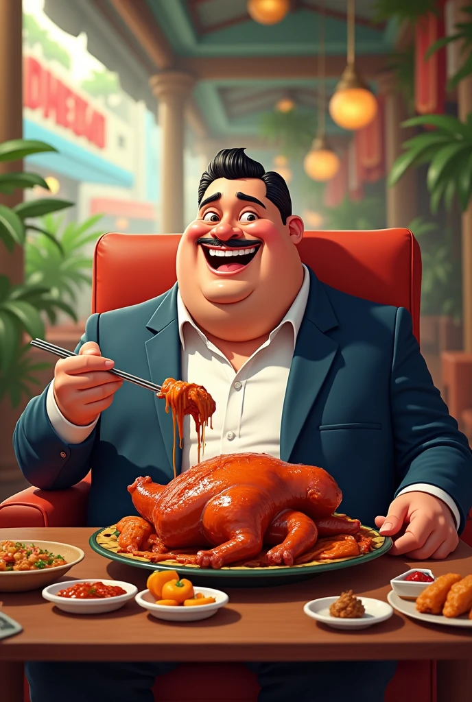 Fat man Billionarie in philippines eating  chewing lechon baboy animated