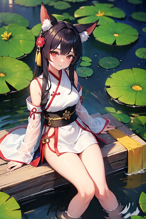 extremely detailed body,girl,woman,female,mature,30 years old,long hair,bangs,streaked hair,black hair,shiny hair,beautiful detailed cold face,cold smile,bright pupils,bare_shoulders,medium_breasts,(red eyes),hair_flower, kimono,((red kimono)),((((no underwear)))),Lots of piercings,(spread legs:1.5),(lying on back:2),night,(pond),Grass is growing in the foreground,beautiful detailed sky,moon,cold light, bokeh,(((Watercolor Techniques))),wet,Unreal Engine,digital art,extremely detailed CG unity 8k wallpaper,