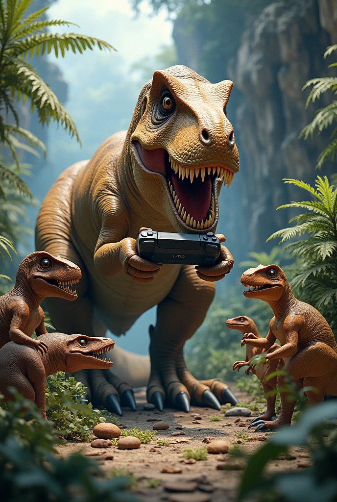 T-rex playing playstation with friends