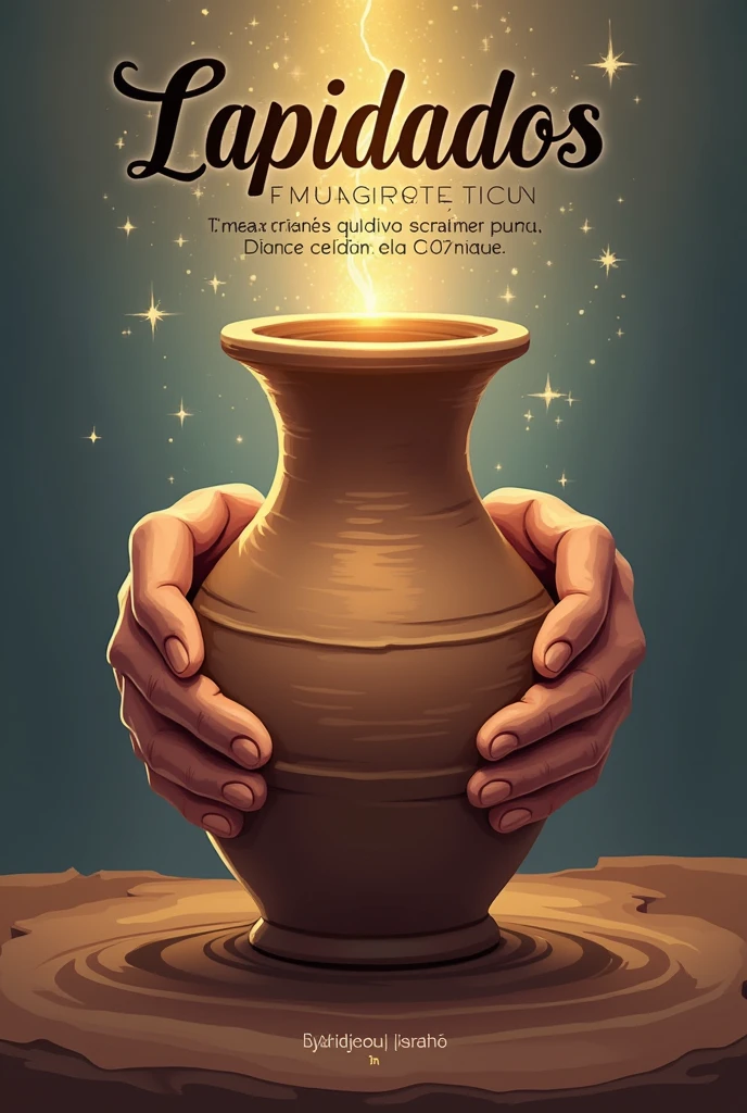 Create a shirt design for a “Lapidated” themed church celebration. Based on the biblical passage from Isaiah
**Design Elements:**
1. **Image Center:**
- A pair of hands modeling a heart or clay vase.
- Includes a subtle glow in the clay to symbolize transformation.
2. **Text:**
- Includes a biblical quote in an elegant font.
- Title: "Lapidados" highlighted in a robust font.
3. **Cores:**
- Use shades of brown and blue to convey calm and spirituality.
4. **Decorative Elements:**
- Small sparks or stars around the clay.
Coloque as frases tem uma blusa em português Brasil
Retire o coração e coloque um vaso de barro com cores douradas com a palavra lapidados em português Brasil
Imagens realistas com mãos de um oleiro tem uma imagem para uma camisa
Retire as luzes