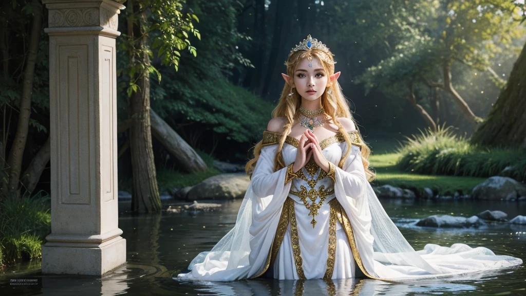 "A graceful portrait of Princess Zelda from The Legend of Zelda, focusing on her full upper body as she stands elegantly. Zelda is dressed in her royal attire, a flowing gown that is adorned with intricate golden patterns and symbols of the Triforce. Her long, blonde hair is styled in soft waves, with a delicate tiara resting atop her head, symbolizing her status as the princess of Hyrule. She stands with poise, her posture straight and regal, her hands gently resting in front of her. Her expression is calm and serene, yet her violet eyes convey a sense of wisdom and quiet strength. The soft glow of the surroundings enhances her ethereal presence, making her appear almost otherworldly, a true embodiment of grace and power."