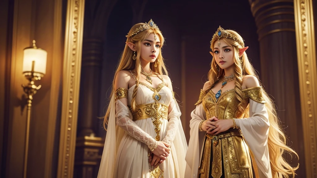 "A graceful portrait of Princess Zelda from The Legend of Zelda, focusing on her full upper body as she stands elegantly. Zelda is dressed in her royal attire, a flowing gown that is adorned with intricate golden patterns and symbols of the Triforce. Her long, blonde hair is styled in soft waves, with a delicate tiara resting atop her head, symbolizing her status as the princess of Hyrule. She stands with poise, her posture straight and regal, her hands gently resting in front of her. Her expression is calm and serene, yet her violet eyes convey a sense of wisdom and quiet strength. The soft glow of the surroundings enhances her ethereal presence, making her appear almost otherworldly, a true embodiment of grace and power."