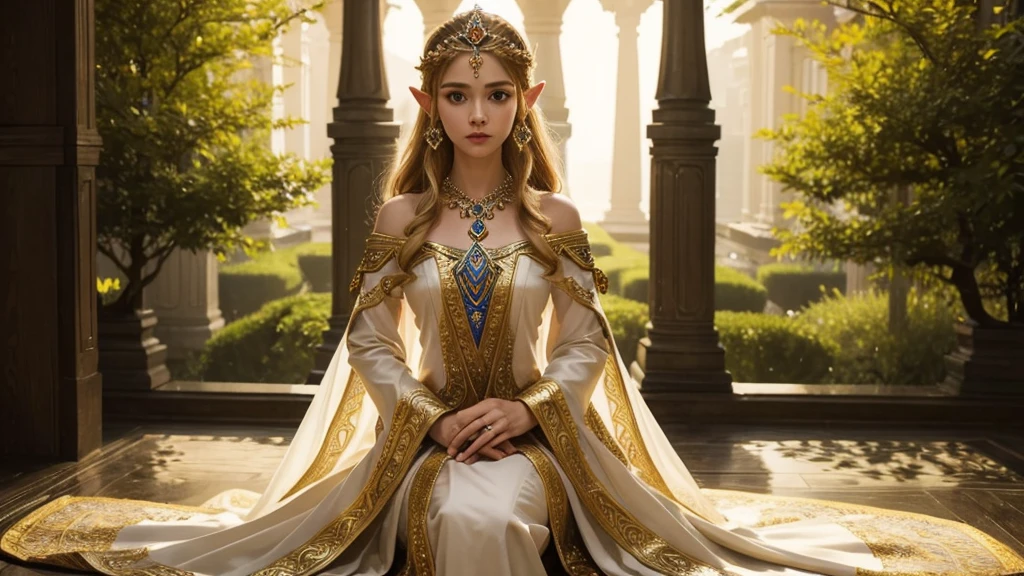 "A graceful portrait of Princess Zelda from The Legend of Zelda, focusing on her full upper body as she stands elegantly. Zelda is dressed in her royal attire, a flowing gown that is adorned with intricate golden patterns and symbols of the Triforce. Her long, blonde hair is styled in soft waves, with a delicate tiara resting atop her head, symbolizing her status as the princess of Hyrule. She stands with poise, her posture straight and regal, her hands gently resting in front of her. Her expression is calm and serene, yet her violet eyes convey a sense of wisdom and quiet strength. The soft glow of the surroundings enhances her ethereal presence, making her appear almost otherworldly, a true embodiment of grace and power."