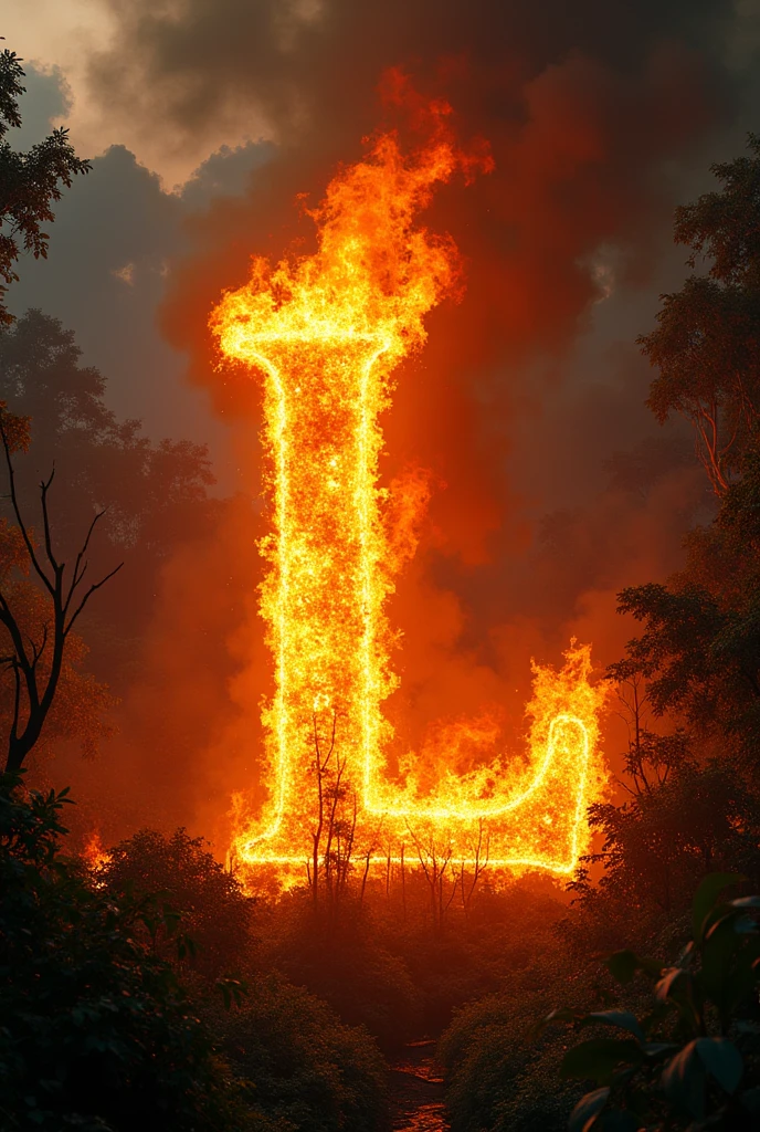 Amazon rainforest on fire. An L on fire