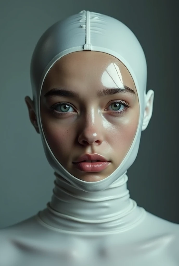 a skintight airtight glossy transparent foggy clear rubber layer is skintight-airtight-sealing the face of a catsuited slim european girl who is gasping for air, strapped inside rubberstore