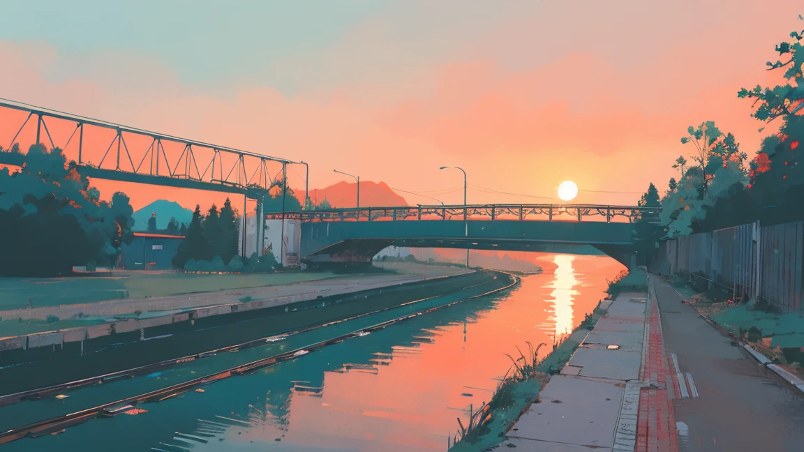 Japanese anime style, red and turquoise impression, view of railway bridge, sunset, sky is gradient of red and orange, river flows under the bridge