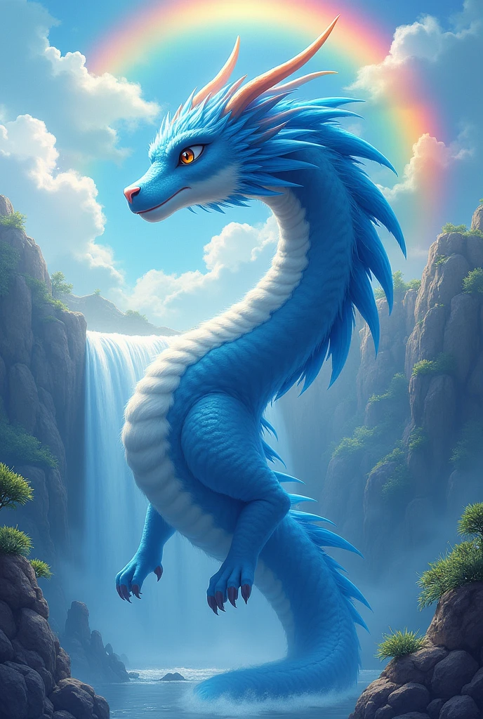 masterpiece, Highest quality,Japan Dragon God、Blue dragon、Rin々A gentle and calm expression、With fluffy fur。Its face is facing upwards and it is flying towards the sky。No wings、Sparkling and kind eyes、It has a long, slender body like a snake, with short limbs and a large distance between its front and back legs.、The background is a waterfall and a rainbow、The body is so long that it doesn't fit on the screen