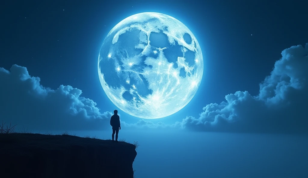 A breathtaking view of a Full Super Moon illuminating the night sky with vibrant hues of silver and blue. The moon is exceptionally close to Earth, casting a powerful glow over a serene landscape. A lone figure stands on a cliff, gazing up at the moon, their silhouette outlined by its light. The scene exudes a sense of awe and anticipation. --ar 16:9