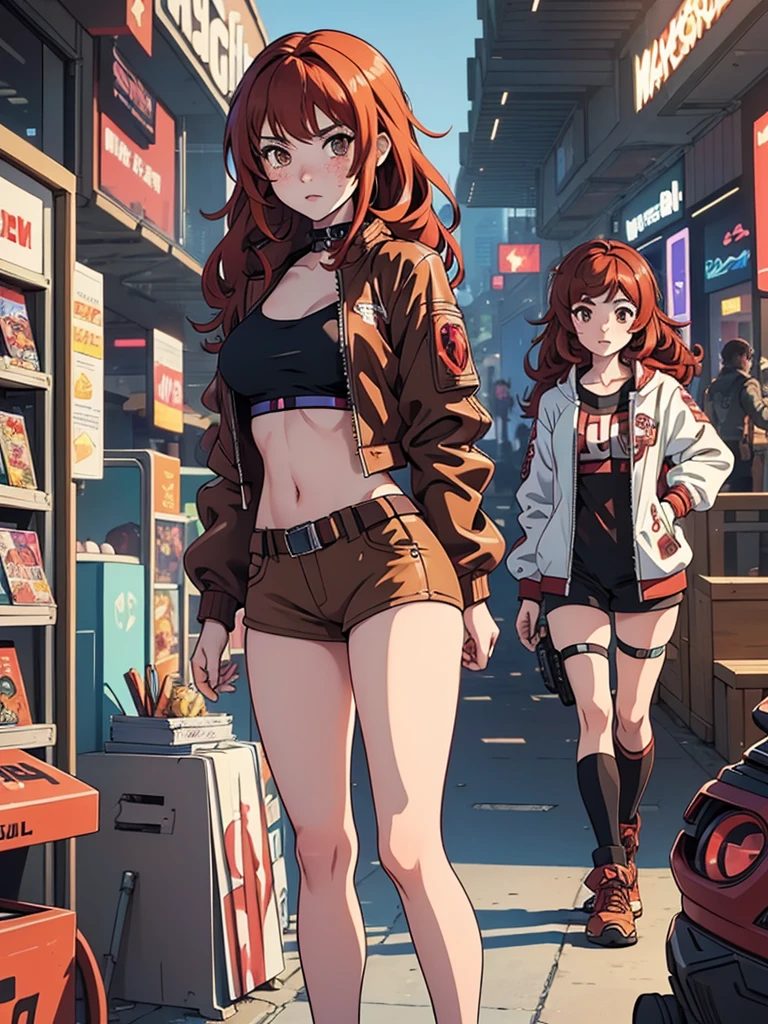 (masterpiece), (best quality), 1 girl, red hair,((brown eyes)),curly hair, anime style, freckles, (mall breast, (petite figure), cyberpunk jacket, legs, desert background