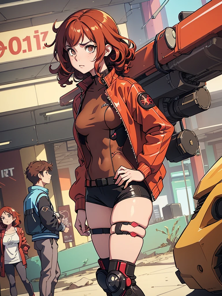 (masterpiece), (best quality), 1 girl, red hair,((brown eyes)),curly hair, anime style, freckles, (mall breast, (petite figure), cyberpunk jacket, legs, desert background