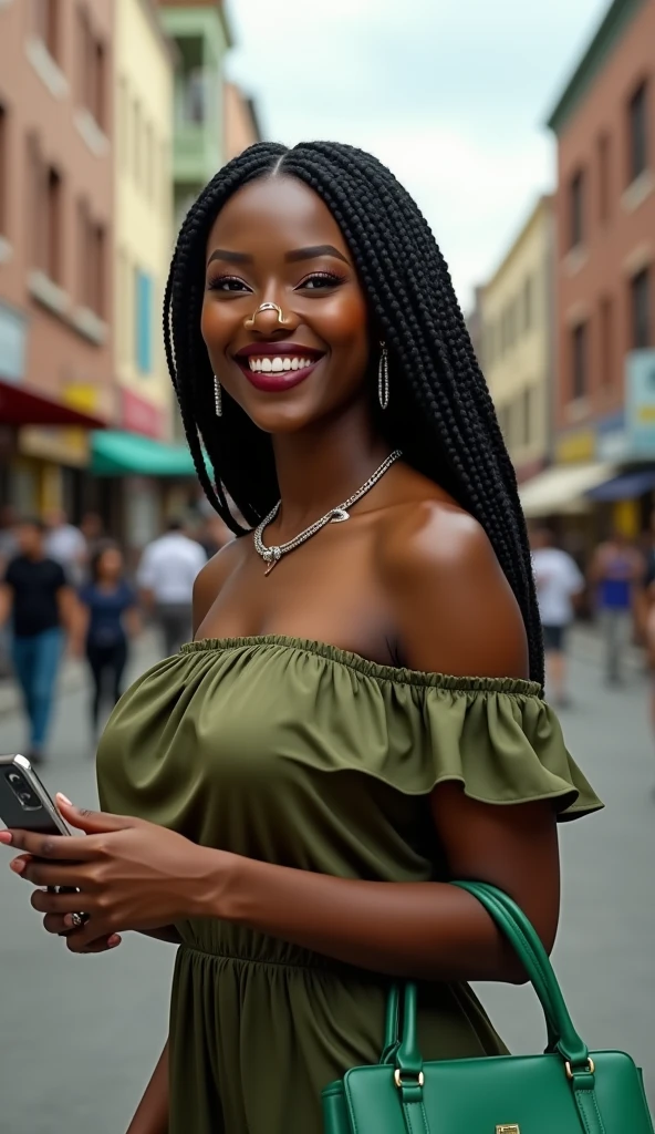 Portrait of Uneekwa Johnson walking confident down the street: solo, 1girl, age:36, adult, hourglass figure, (dark skin:1.9), (ebony), dark-skinned-woman, braided black hair cascading over shoulders, (african braids), (dreadlocks), brown eyes, greenish eyeshadow, button nose with nostril ring, ((button nose)), maroon lipstick on round lips, bright white teeth, playful dimples, silver necklace with delicate chain, multiple earrings, green purse, green smartphone in her hand, off-shoulder olive green satin blouse, ((off-shoulder blouse)), ((satin blouse)), ((green blouse)), smiling, ((teeth)), confident expression, outdoors, downtown street, (close-up:1.4), realistic, masterpiece, correct anatomy, sharp focus, field of view, ultra detail, vibrant colors, best quality, depth of field, cinematic lighting
, Full body.
