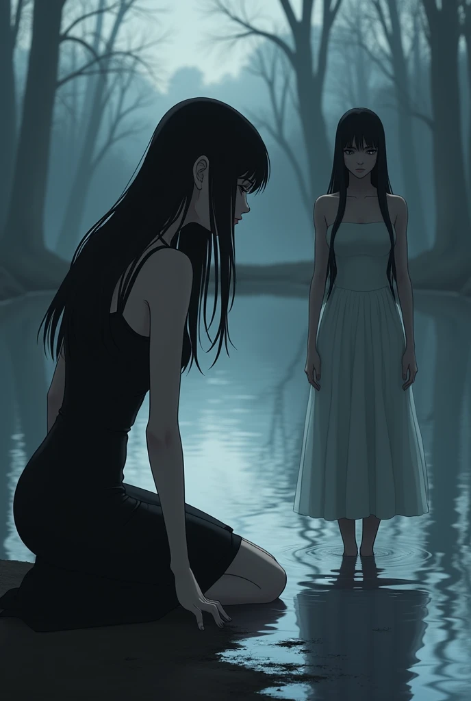 a beautiful woman with long, straight, jet-black hair, The woman is serious and cold, wears a black dress, She is kneeling in front of a lake, touching the water which reflects his former self, which has long, wavy jet black hair, with a white dress. In the background of a gloomy forest.( Reflection of the water) animated art 