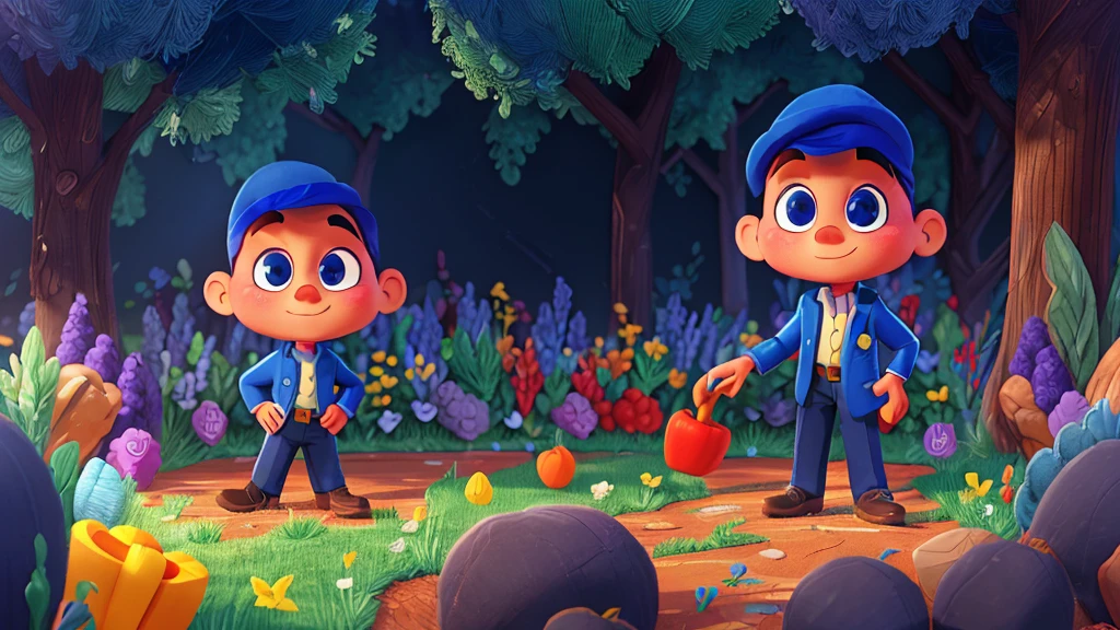 "A vibrant digital painting of just a  boy, dressed in a blue detective outfit, Tommy, kneeling in a sunny vegetable patch. The sunlight casts long, dramatic shadows on the strange footprints that stand out in the damp earth. With a magnifying glass in hand, he carefully examines the marks, while in the background the vegetable patch is filled with colorful vegetables.