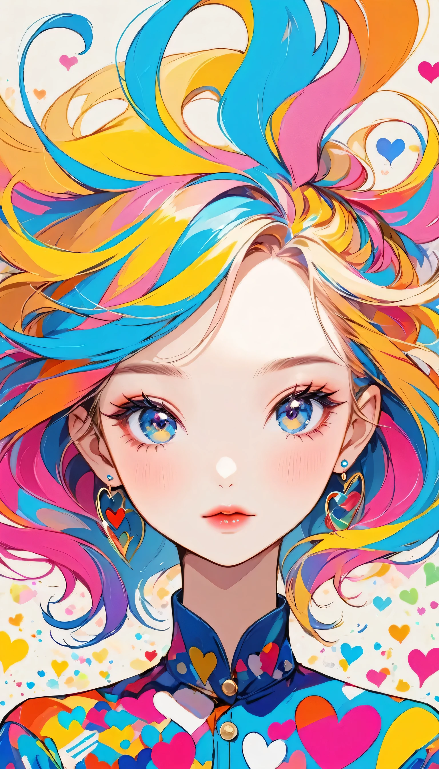 Mika Pikazo colorful style, Simple Line Initialism,Abstract art,Urban Background, (((The most beautiful girl of all time))), Sweet face. Lips in love, colorful hearts, stylish design