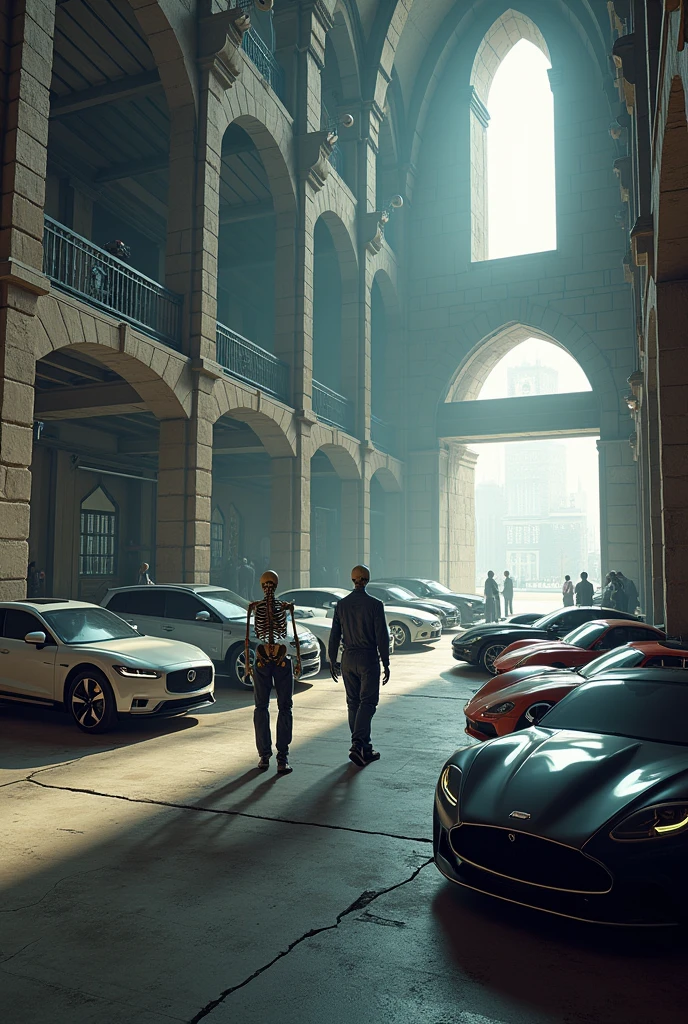 In a modern castle garage there are several modern cars of various shapes and several skeletons working there as mechanics..