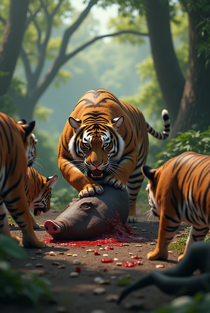 A tiger hunting a wild boar that is more realistically animated, another one eating it, another one eating it, another one without the wild boars on the side