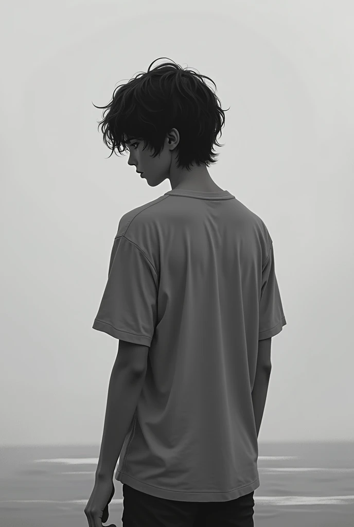 Back of tall, thin boy, with semi-long wavy hair in black and white with Argentine features, with sad casual clothes