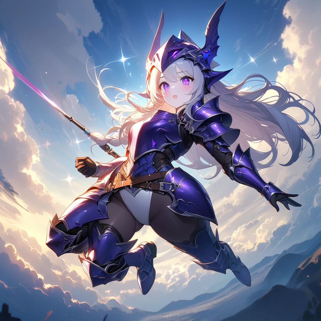 (One Woman),(Best image quality, 32K, masterpiece:1.3),((Silver long hair:1.1)),(Swept-apart bangs,Braiding), (Cute eyes, Dark Eyes), (Detailed eyes),(Mole under right eye), (Standard weight), (Glowing Skin:1.1),(Pale skin:1.2),(A fantastic atmosphere),(look up),Ultra-high resolution, Textured skin, Sparkle Effect, Full body Final Fantasy,female dragon knight,Violet plate armor,Blue-purple dragon helmet,

blue sky,cloud,jumping in the sky,jump,Jump high into the sky,

大gunを持っている,大gun,Javelinを持っている,gun,Javelin,