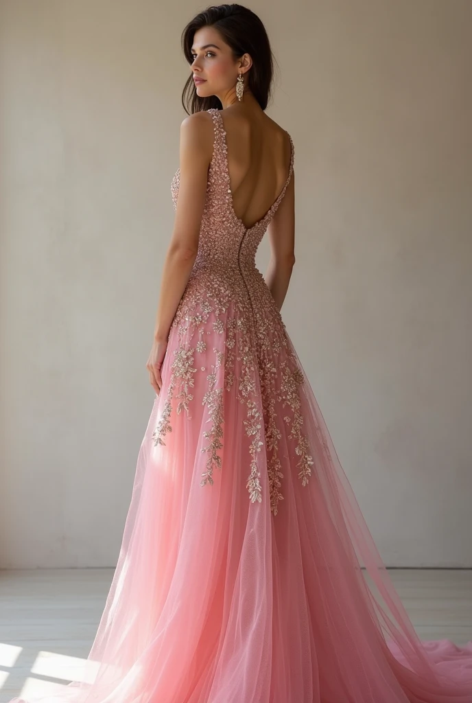 European woman model with hairstyle wearing luxurious pink beaded long dress Show full dress.