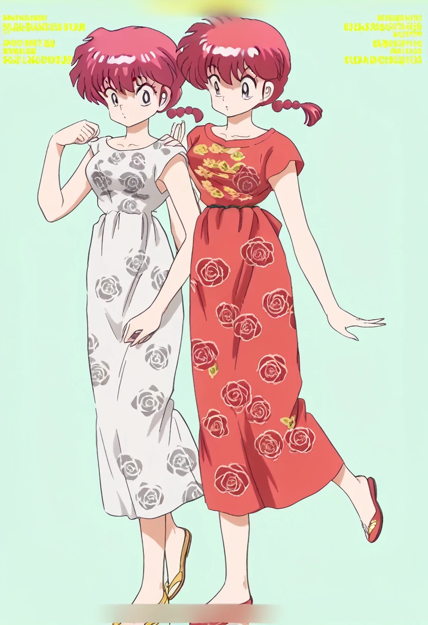 comics(Ranma 1/2),Using the female Saotome Ranma prototype, 1 girl,Clear contours, Colorful full body photos, (Beautiful and delicate eyes), (pretty face:1.3), childish face, (Red hair), short hair, (Braided ponytail), ((Bangs)), bumpy Bangs, blue gray eyes, big eyes,(Long dress in red print:1.2),(Floral Print),(White long-sleeved shirt), (Practical:1.7),Face the camera head-on,One foot is slightly bent against the calf of the other leg,Make a small triangle,Make a Y with your hands。