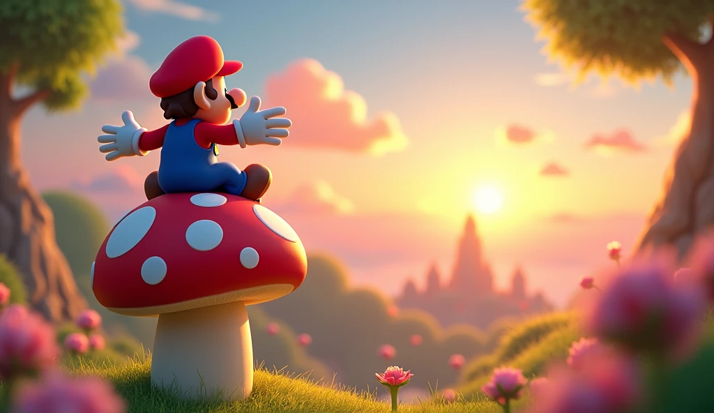 Nintendo's Mario sitting on a giant red mushroom with white circles, in the Mushroom Kingdom, looking at the horizon, Sunset, Mushroom Kingdom Background with Peach'castillo, Mario has his hands open from side to side.,