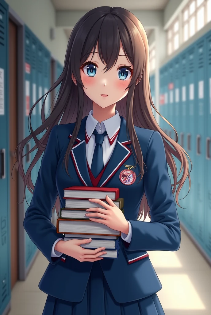 A realistic image of a woman with dark brown hair, blue eyes, very beautiful, with her school uniform, blue tie with red, Blue blazer, blue skirt, holding some books, background a school hallway