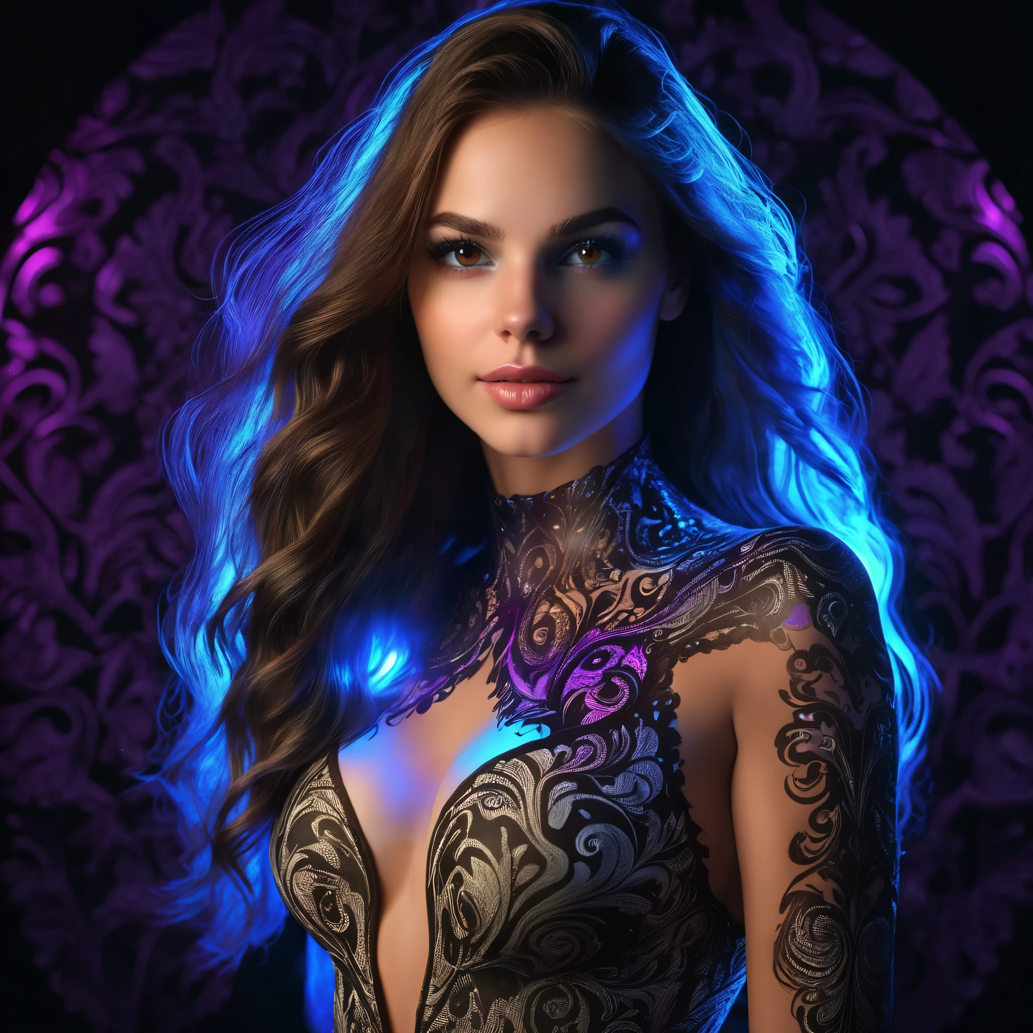 (NSFW:1.5), ((masterpiece)), ((highest quality)), ((en cuatro patas:1.5)), dark cave background ,Ultra High Resolution,(Ultra High Detail),1girl,Colombian Woman,Sexy,Erotic,Beautiful Face,(Detailed and Perfect Face),(Detailed Hair),Long Curly Brown Hair,Fringe,(Symmetrical Eyes:1.3),(Detailed Skin),Realistic Skin,(Medium Bust, Shapely Breasts),(Slim Figure),Shapely Shaped Butt,Detailed Crotch,Sexy Thighs,(Small Head, Round Face, Pretty Face,),(Supermodel Figure),Gentle Smile:1.1,(Intricately Patterned Damask Black Light Painted Bodysuit:1.3),(Cowboy Shot),(In a Dark Room:1.5),(Cyberpunk Black Light Painted Background:1.3),(Random Pose),Change Pose,(Dynamic Angles),(Soft Light),(Ambient Lighting,),Neon,LED,Colorful,Glowing Eyes,Very Beautiful,(Artistic Glowing Smoke Blending with Hair:1.5),