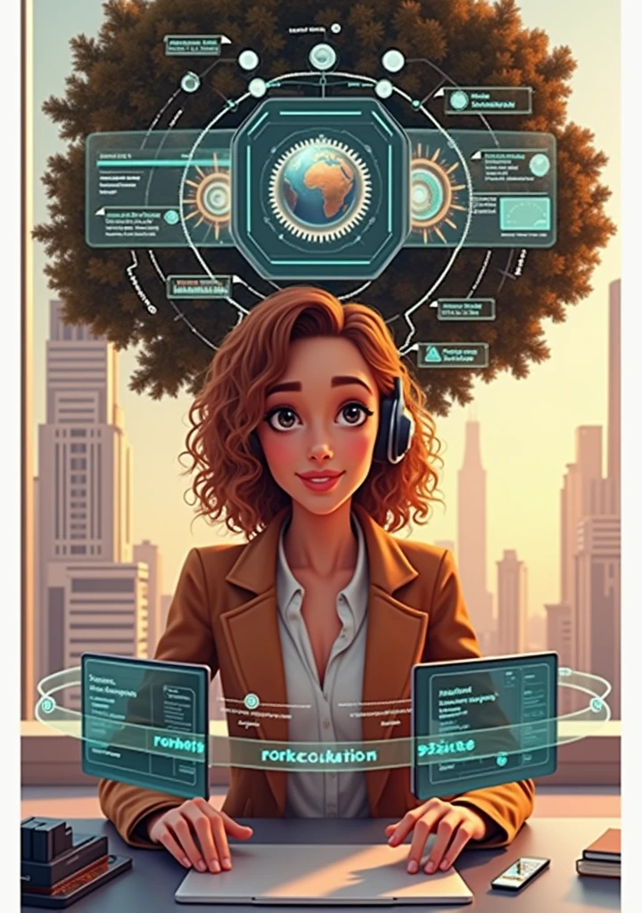 Create an image of a young woman resembling Andy Allo, working as a customer service representative in a futuristic setting. She has medium-length, curly hair with a golden brown hue and a warm skin tone. She is wearing a casual yet professional outfit, like a fitted jacket over a simple blouse. The setting around her is a high-tech office space with holographic screens and digital interfaces floating around her. She is seated at a sleek desk with a headset on, and her expression is focused yet approachable, capturing the charm and elegance similar to Andy Allo. The background features large windows showing a cityscape with tall buildings and a bright, clear sky.