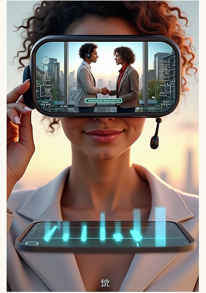 Create an image of a young woman resembling Andy Allo, working as a customer service representative in a futuristic setting. She has medium-length, curly hair with a golden brown hue and a warm skin tone. She is wearing a casual yet professional outfit, like a fitted jacket over a simple blouse. The setting around her is a high-tech office space with holographic screens and digital interfaces floating around her. She is seated at a sleek desk with a headset on, and her expression is focused yet approachable, capturing the charm and elegance similar to Andy Allo. The background features large windows showing a cityscape with tall buildings and a bright, clear sky.