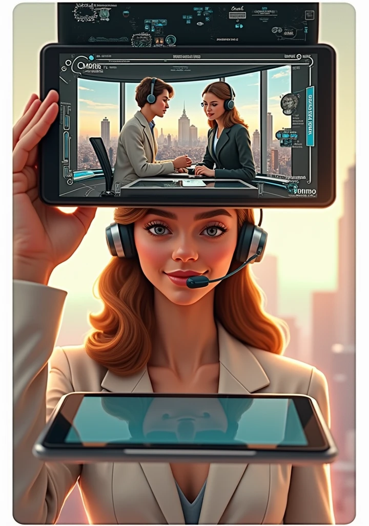 Create an image of a young woman resembling Andy Allo, working as a customer service representative in a futuristic setting. She has medium-length, curly hair with a golden brown hue and a warm skin tone. She is wearing a casual yet professional outfit, like a fitted jacket over a simple blouse. The setting around her is a high-tech office space with holographic screens and digital interfaces floating around her. She is seated at a sleek desk with a headset on, and her expression is focused yet approachable, capturing the charm and elegance similar to Andy Allo. The background features large windows showing a cityscape with tall buildings and a bright, clear sky.